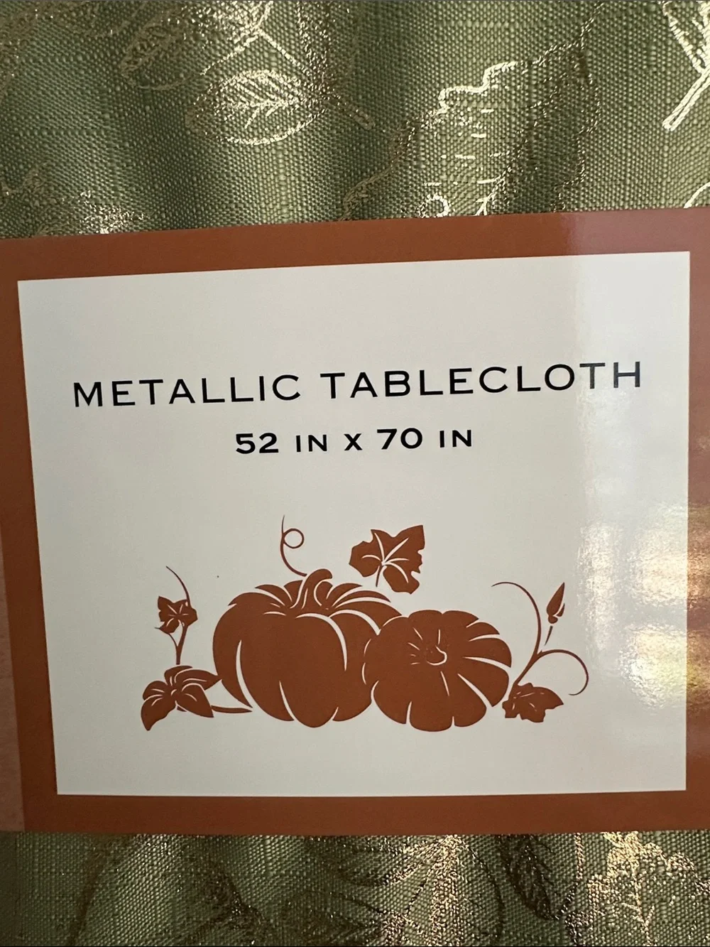 Metallic Leaf Print Fall Tablecloth Green/Gold Floral Accents - Home Dining